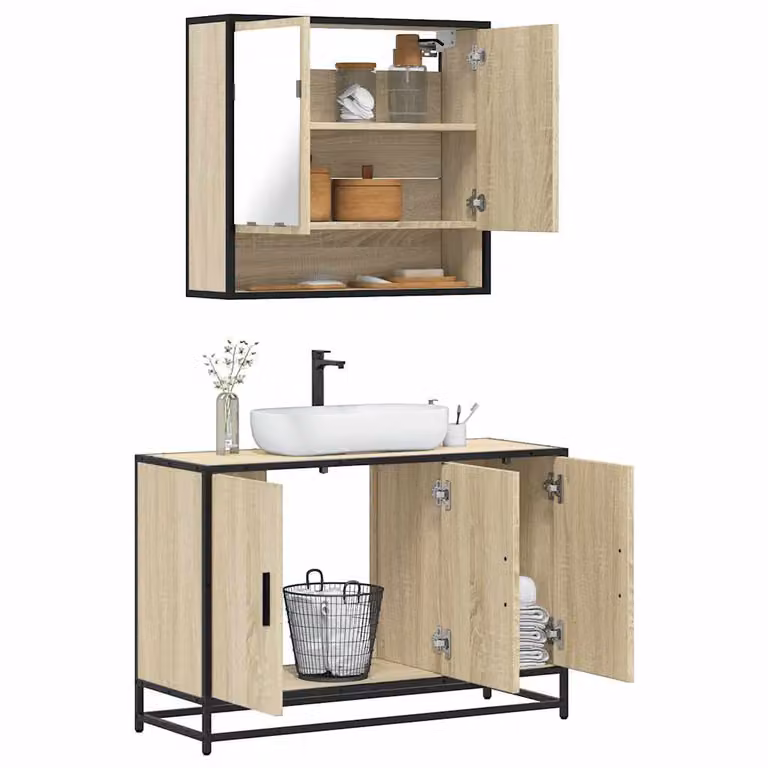 Set di mobili da bagno industrial vidaXL composto da mobile sottolavabo e armadietto con specchio in legno e metallo marrone L/P/H: 90 x 33 x 60 cm
