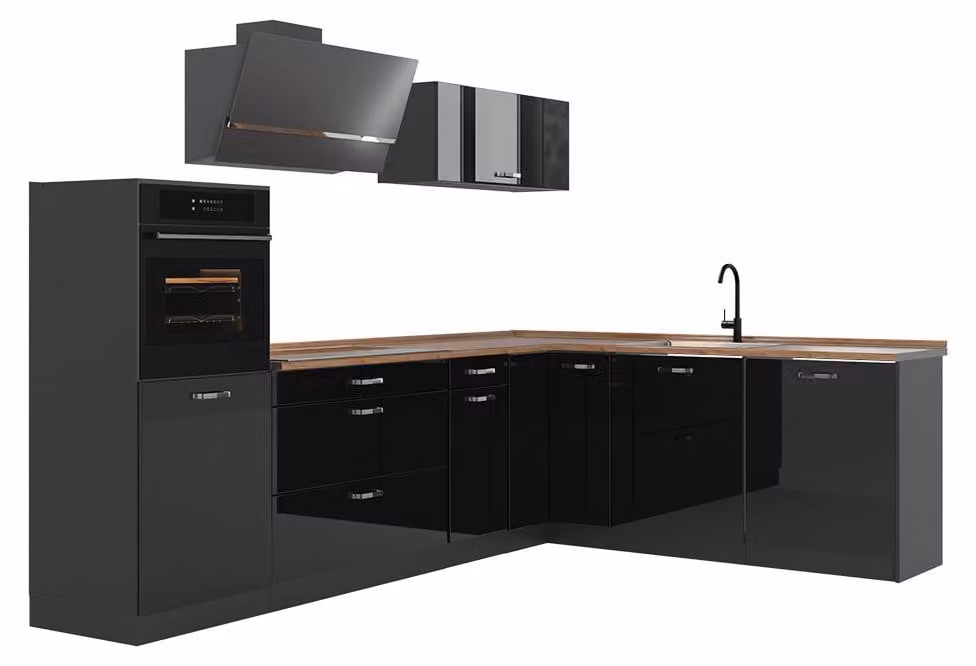 Cucina angolare completa Vicco R-Line Nero lucido/Antracite 287 x cm piano di lavoro Rovere dorato, Model 66758