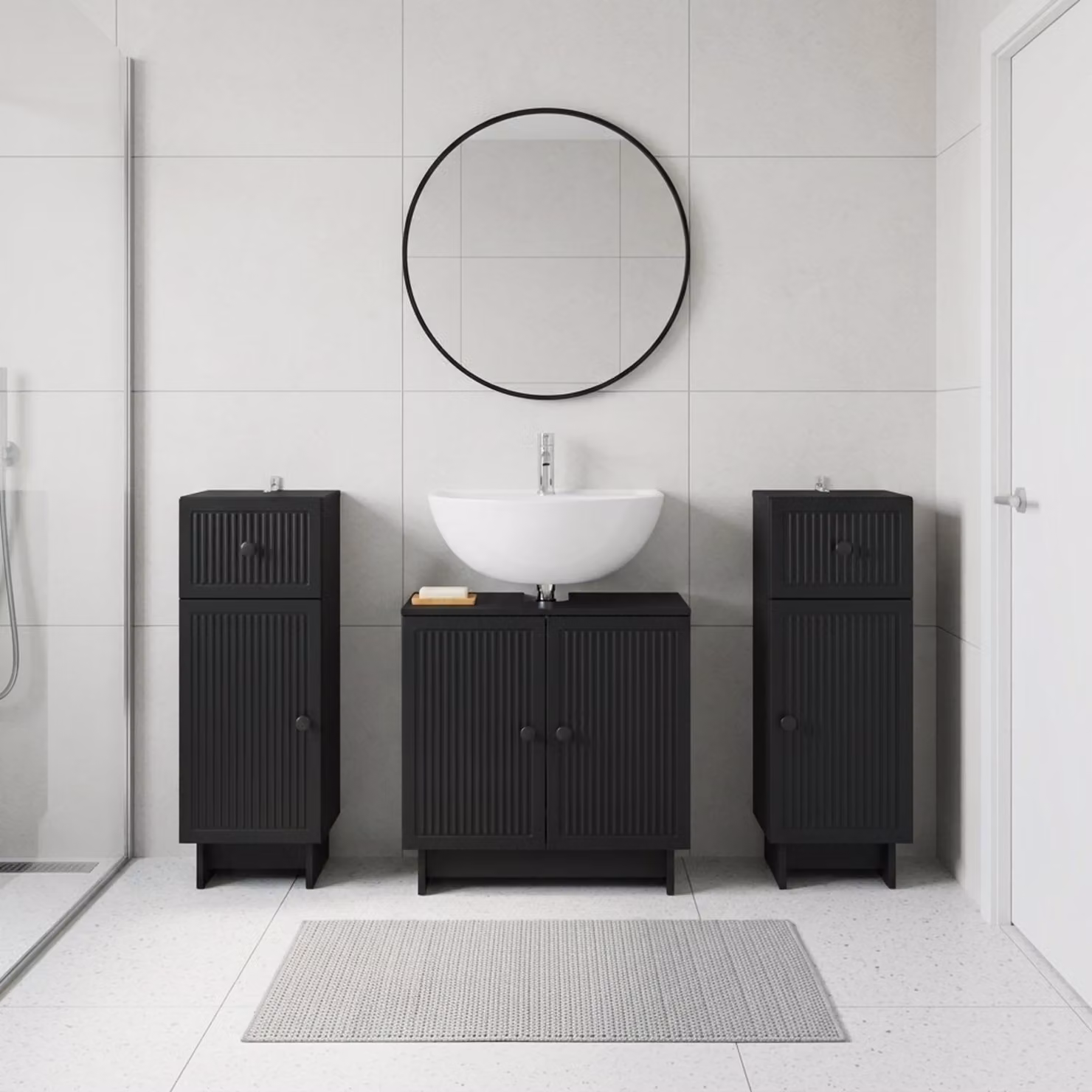 Set di mobili da bagno vidaXL EDE in 3 pezzi nero opaco con mobile lavabo e armadietti laterali
