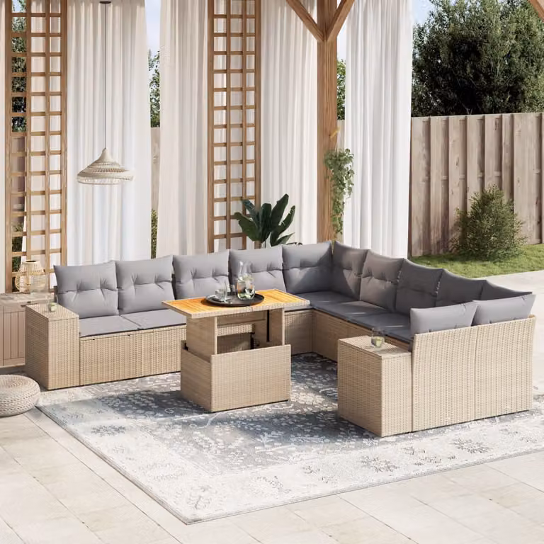 Set di Divani da Giardino vidaXL 11 pz a Forma a L con Cuscini Beige e Tavolino, Struttura in Legno di Acacia e Metallo con Polyrattan Resistente ai Raggi UV