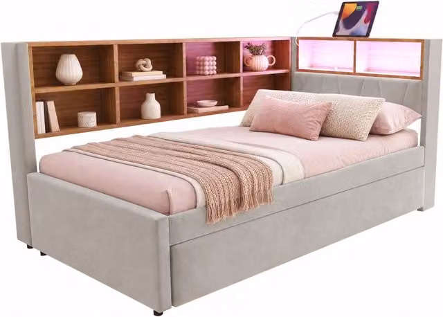 Letto singolo con letto estraibile 90x200 cm; LED; USB e USB-C; flanella grigio chiaro