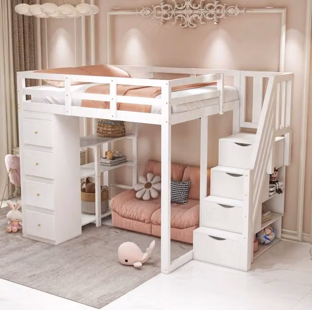 Letto a soppalco REDOM in legno massello bianco con 4 cassetti e scala per bambini L/P: 140 x 200 cm