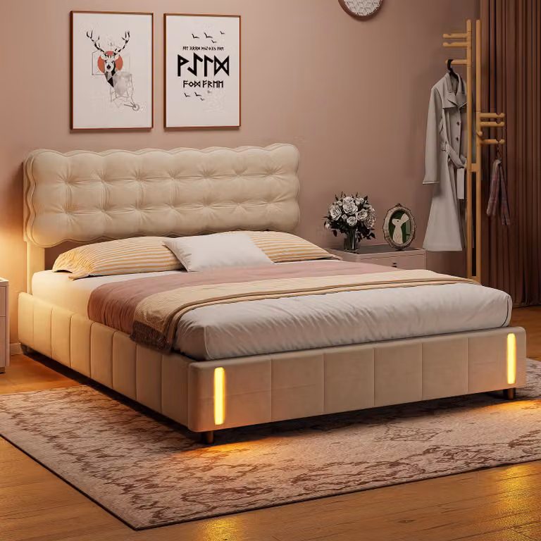 Letto in velluto ProximaX 140x200 cm in beige con illuminazione a LED e funzione di pressione a gas - Letto imbottito moderno con ampio spazio di archiviazione sotto la base del materasso