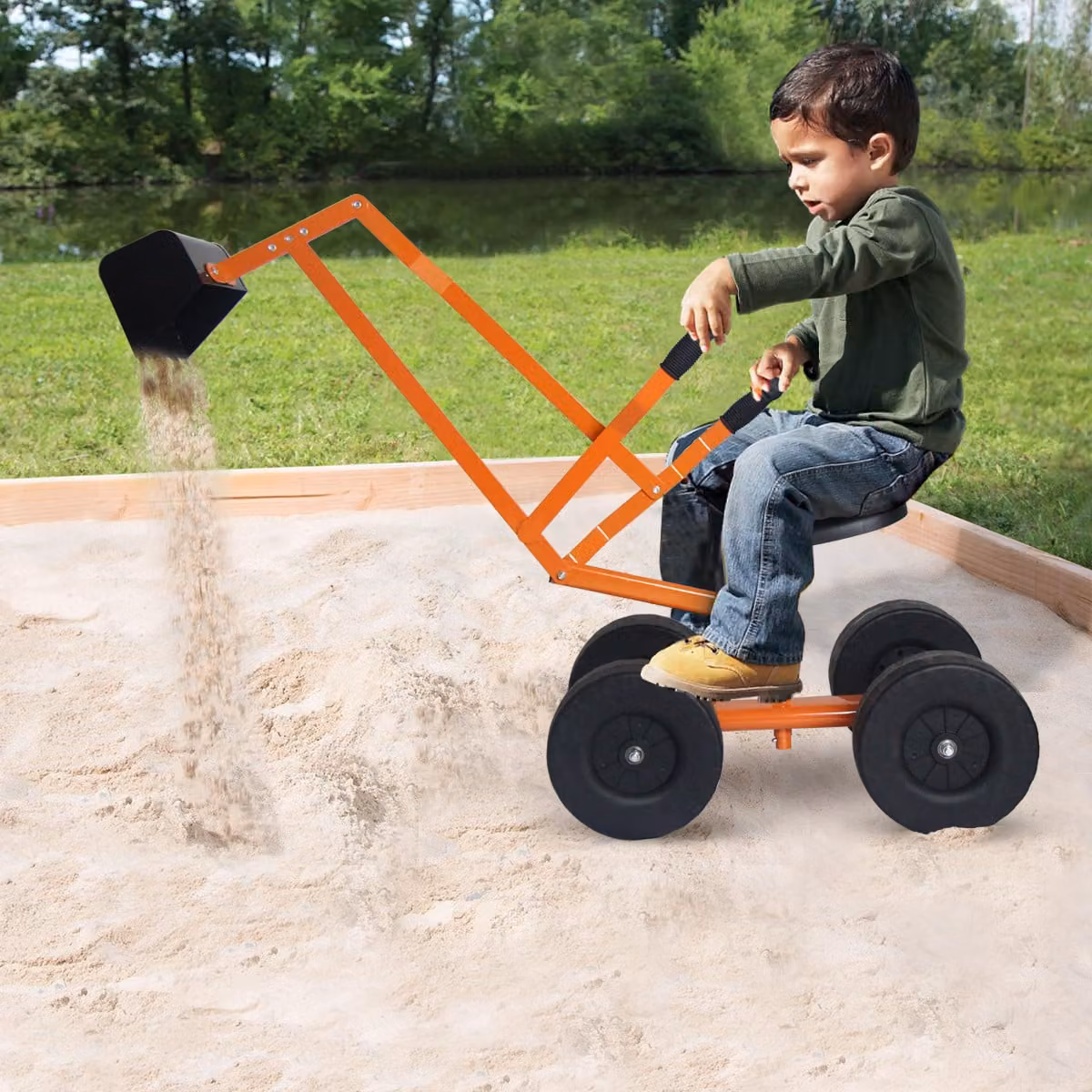 Costway Ruspa giocattolo cavalcabile in metallo arancione con rotazione di 360 gradi per bambini L: 106 cm, P: 28 cm, H: 35 cm