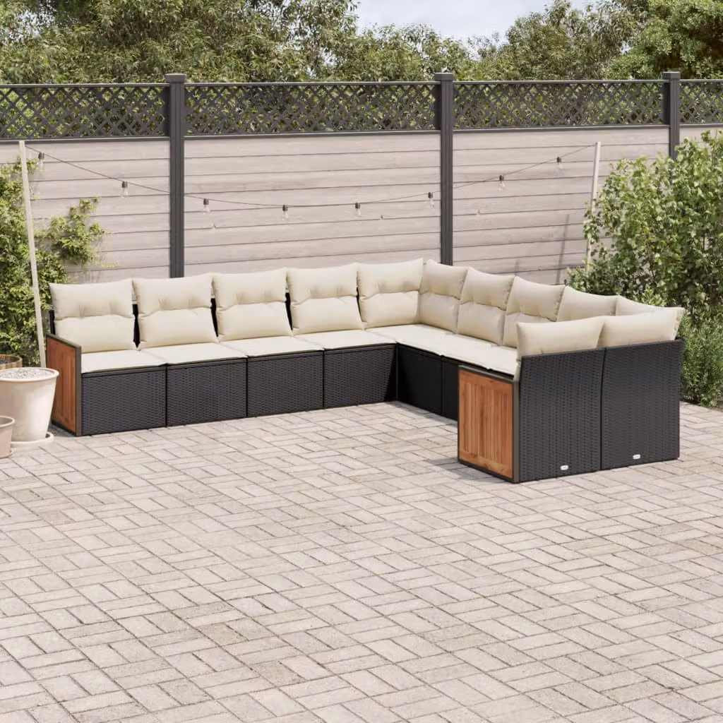 Set di divani da giardino vidaXL in rattan con cuscini bianchi e struttura in metallo nero – 1