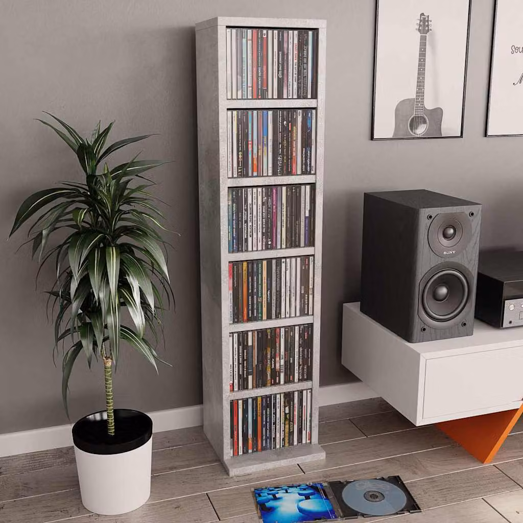 vidaXL Mobile Porta CD Grigio Cemento in Legno Multistrato L: 21 cm, P: 20 cm, H: 88 cm