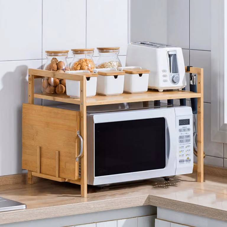 Scaffale da cucina in bambù - Scaffale per microonde - 2 ripiani - Con 4 ganci - 52x30x35 cm