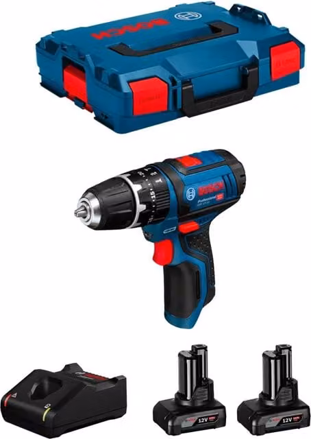 Trapano a percussione Bosch GSB 12V-15 con 2 batterie da 6,0 Ah, caricabatterie GAL12V-40 e custodia L-Boxx 102, colore blu – 1