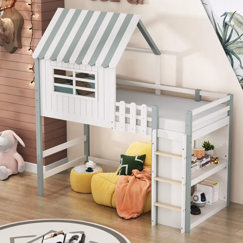 Letto a soppalco Tynqer per bambini in legno massello verde e bianco con scala, barriera e ripiano laterale, L/P/H: 200 x 90 x 218,5 cm – 2