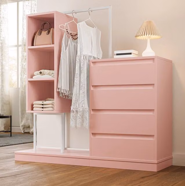 Mobile guardaroba con 4 cassetti e appendiabiti; 100 x 40 x 135 cm; rosa