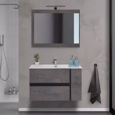 Mobile Bagno Sospeso INBAGNO Stile Industrial Grigio con Mobile Specchio L: 90 cm, P: 48 cm, H: 57,5 cm