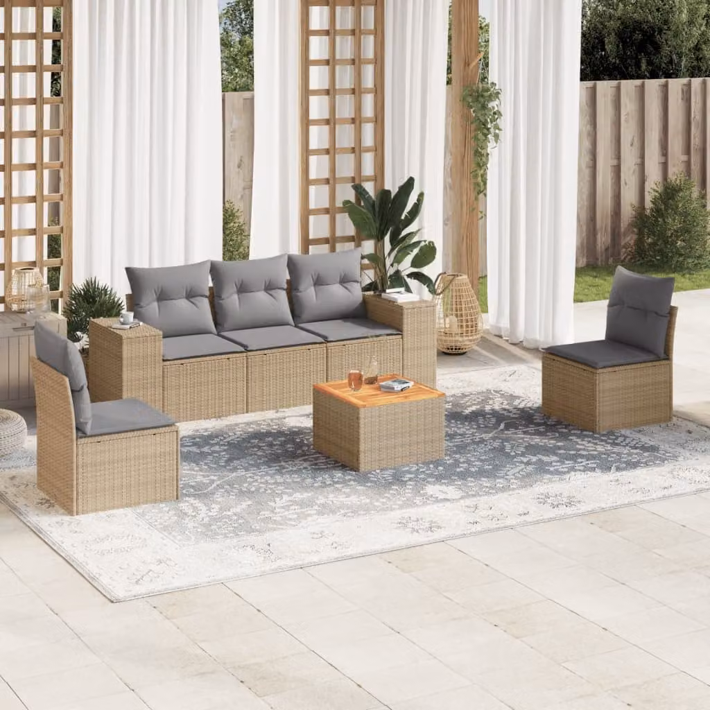Set Divano da Giardino vidaXL 6 pz con Cuscini Beige e Tavolino in Polyrattan e Acciaio – 1