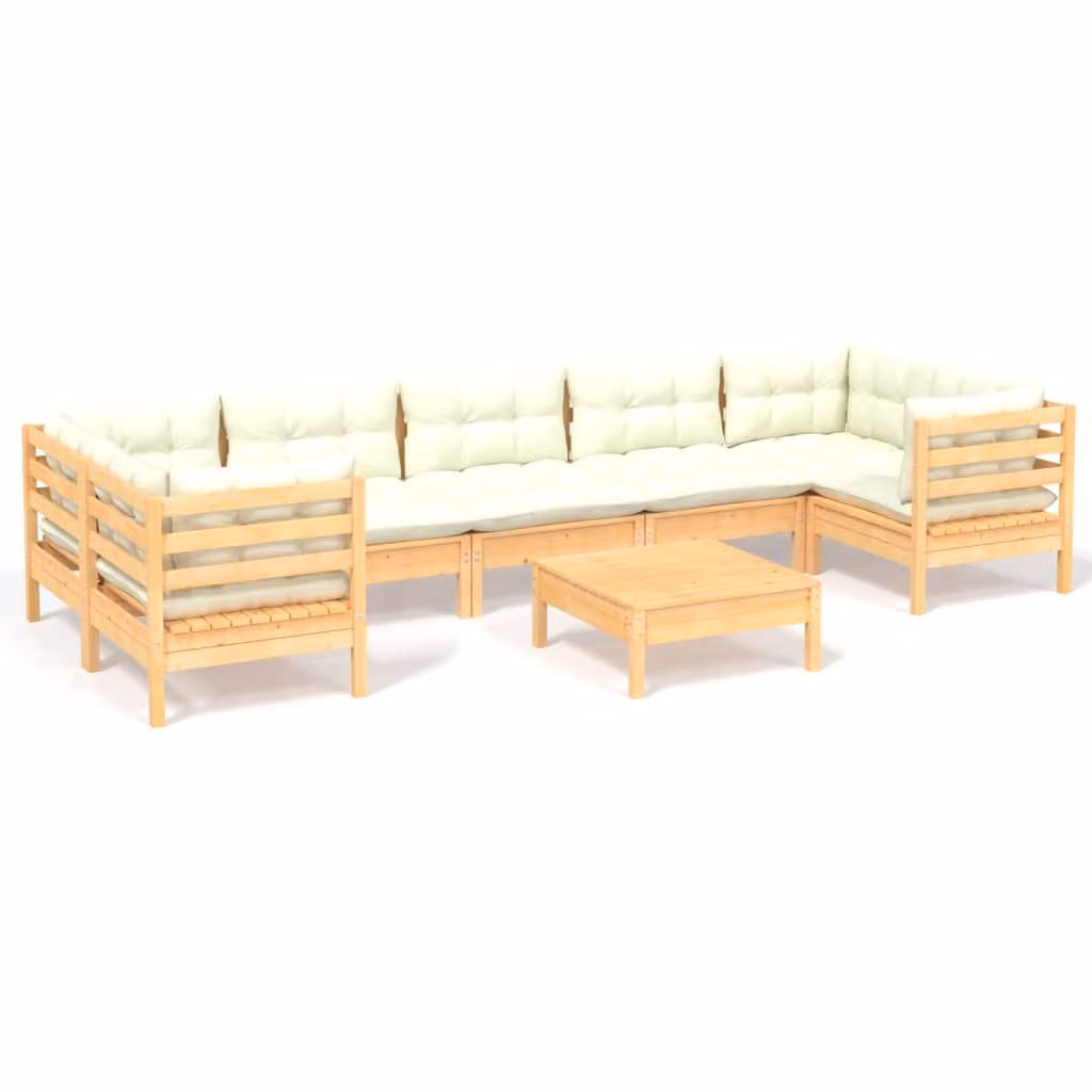 Set Salotto da Giardino 8 pz con Cuscini Crema in Legno di Pino