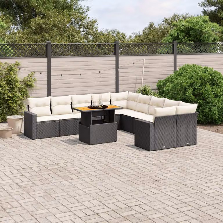 vidaXL Set Divani da Giardino 11 pz in Polyrattan Nero con Cuscini e Tavolino da Esterno