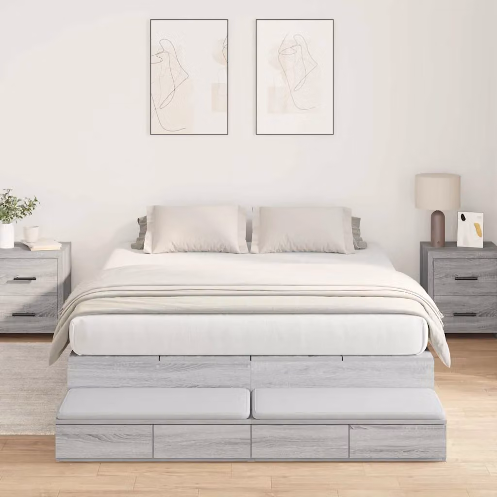 vidaXL Struttura letto con contenitore e cassetti in legno e MDF, Grigio, L: 135 cm, H: 226,5 cm, P: 200 cm