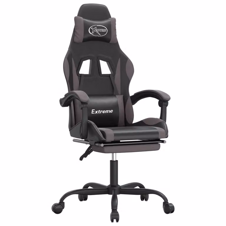 Sedia da Gaming Girevole Poggiapiedi Nero e Grigio Pelle finta