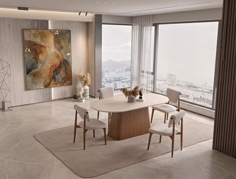 Set tavolo e sedia, design moderno, colore beige, legno pregiato, ideale per la sala da pranzo