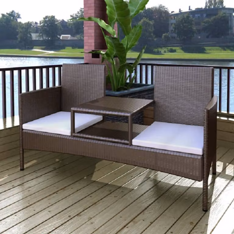 The Living Store Divano da giardino a 2 posti con tavolino da tè in rattan marrone