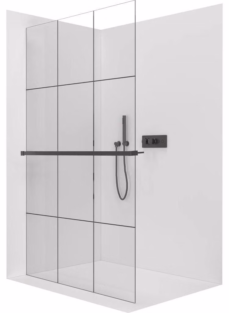 CERANO - Box doccia Walk-in Crystal L/P - 8 mm + mensola/portasciugamani - sistema senza montanti - nero opaco, vetro industriale - 160x200 cm