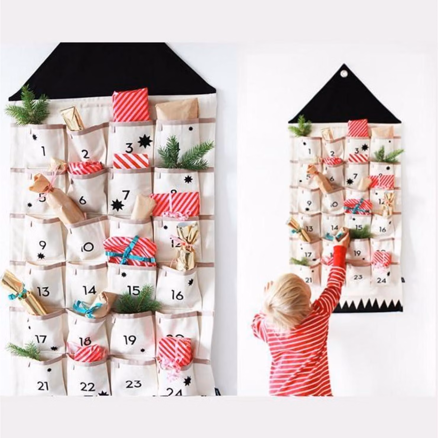 Calendario dell'Avvento da appendere, in tessuto, con 24 tasche, dimensioni 110x52 cm, decorazione natalizia per bambini