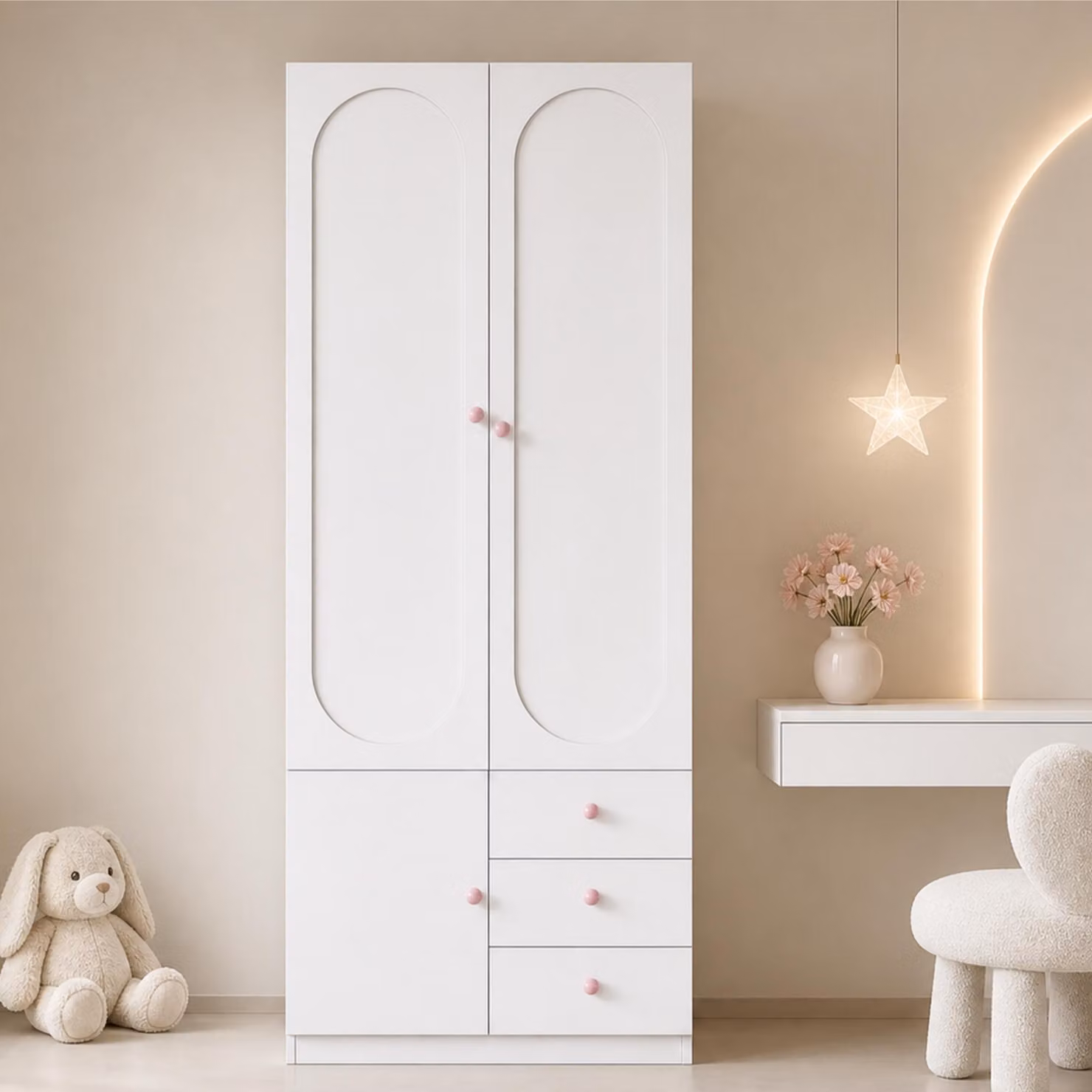 Armadio STILVORA con 2 ante e cassetti, armadio per bambini con barra appendiabiti, mobile contenitore con maniglie in Vetroceramica