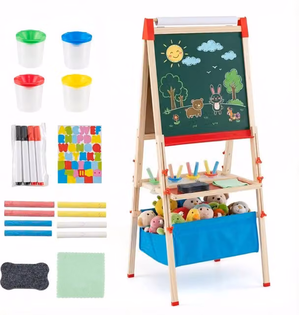 Cavalletto disegno regolabile per bambini doppia faccia pieghevole con rotolo di carta e accessori inclusi, Cavalletto creativo per ragazzi 3-15 anni