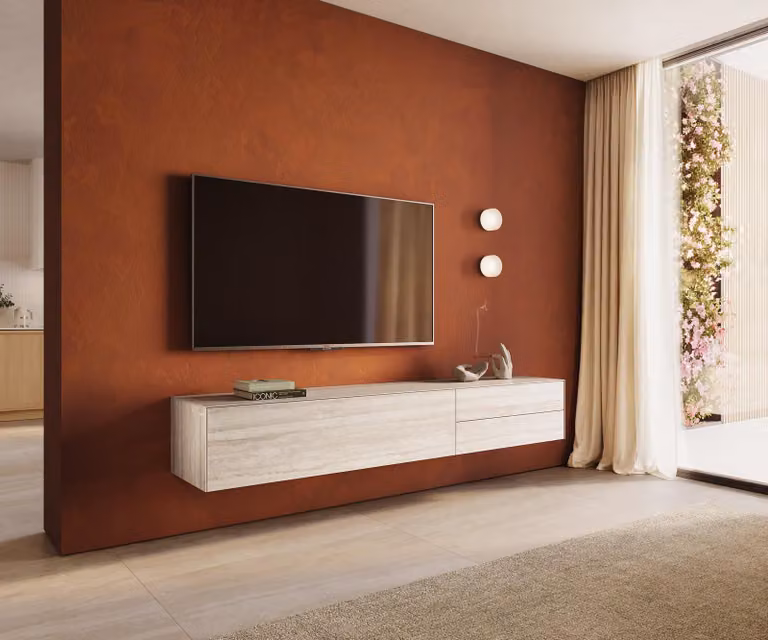 DELIFE Mobile TV a basso profilo "Cuor", 220 cm, piano in laminato Keramik Laminam® effetto travertino, colore bianco crema, 1 anta, 2 cassetti, sospeso