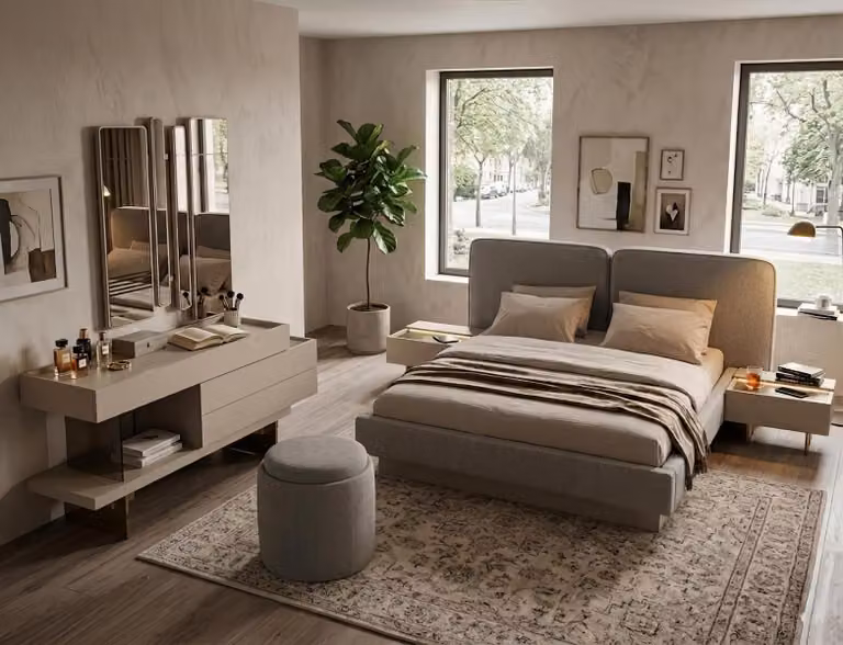 Set per camera da letto: letto, comodini, tavolo da trucco, specchio, poggiapiedi, colore grigio, design elegante