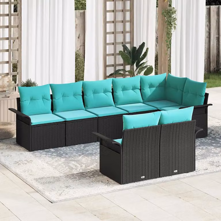 Set Divano da Giardino vidaXL 8 pz L-Shape con Cuscini in Polyrattan e Struttura in Acciaio Nero e Turchese