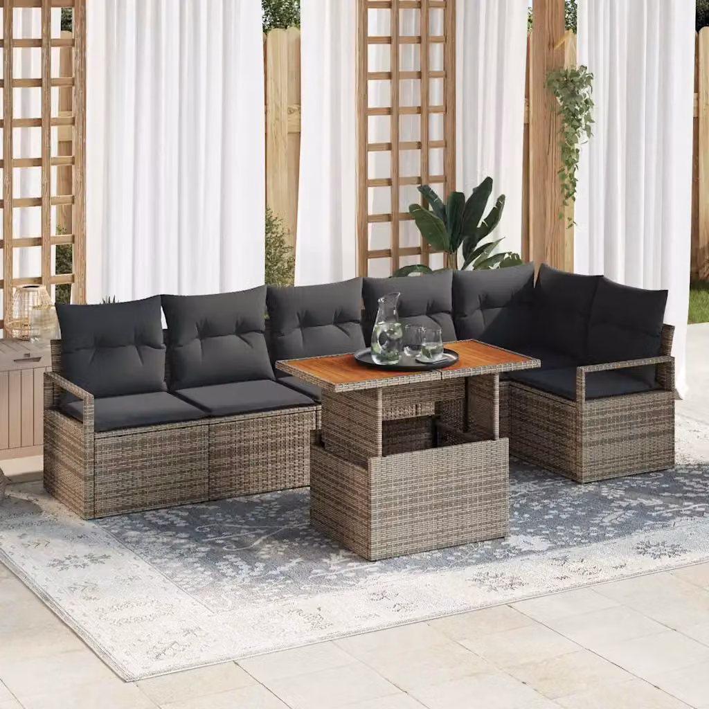 Set Divano da Giardino vidaXL 7 Pezzi in Rattan Grigio con Cuscini e Tavolino – 1