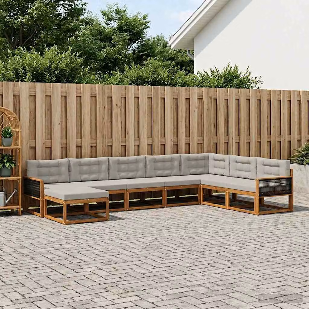 Set di divani da esterno vidaXL a forma di U in legno di acacia con cuscini, 8 pezzi, Marrone e Grigio