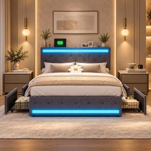 Letto imbottito 180x200cm con Contenitore;letto matrimoniale con 4 cassetticon;LED e USB; letto con testiera regolabile in altezza;Lino Grigio Scuro
