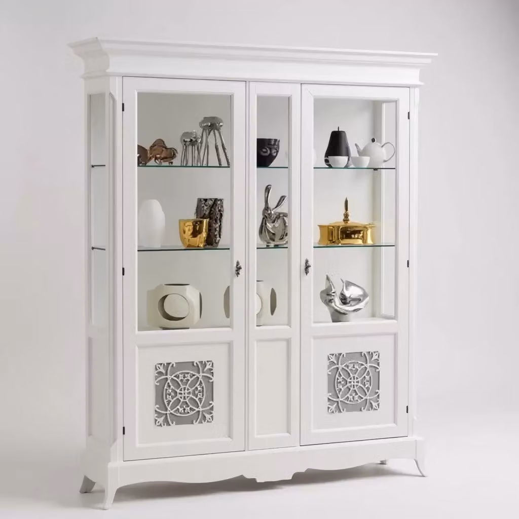 Vetrina Mobili 2G in legno con ante in vetro stile shabby chic bianco L: 166 cm, P: 51 cm, H: 214 cm – 1