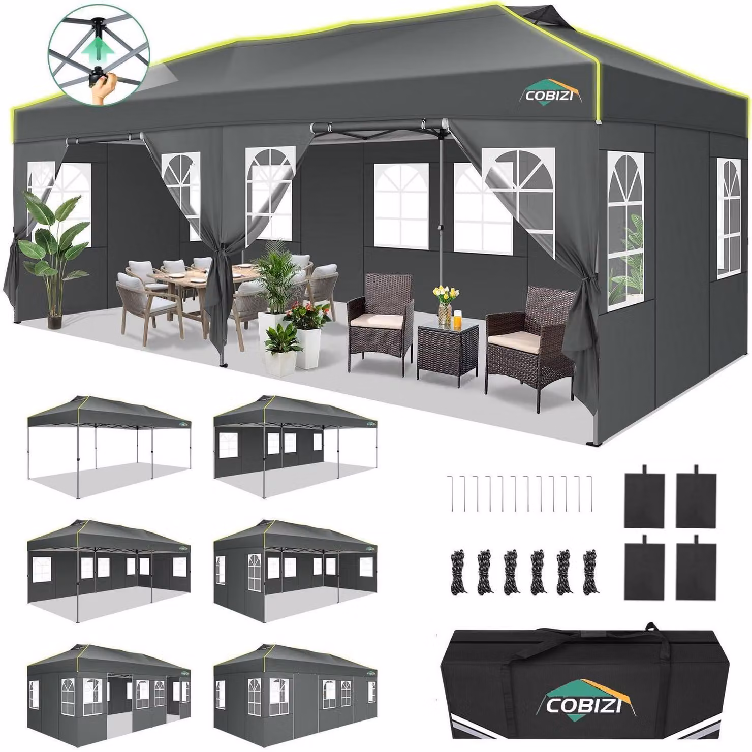Gazebo da esterno 3x6 metri, grigio, impermeabile, con 6 pareti laterali, protezione UV e sistema di chiusura centralizzato