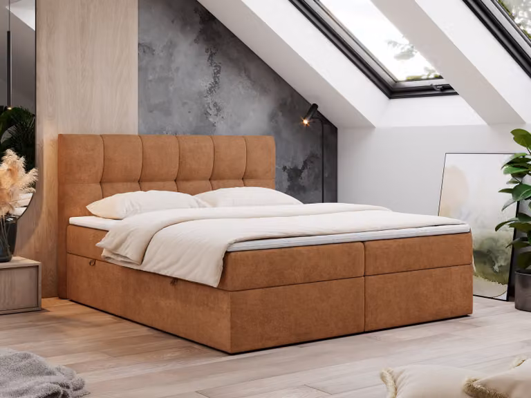 Letto boxspring 180x200 con contenitore, letto con molle insacchettate - Materasso H4 Topper, letto imbottito 180x200 con contenitore e testiera, letto boxspring con materasso H4 - RICO - 180x200 - Arancione - Struttura - H4