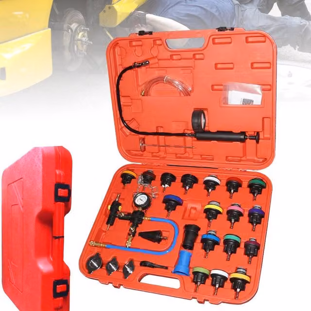 Kit Tester di Pressione per Spurgo e Prova Ricarica Radiatore Universale Trade Shop, 27 Pezzi, Rosso – 1