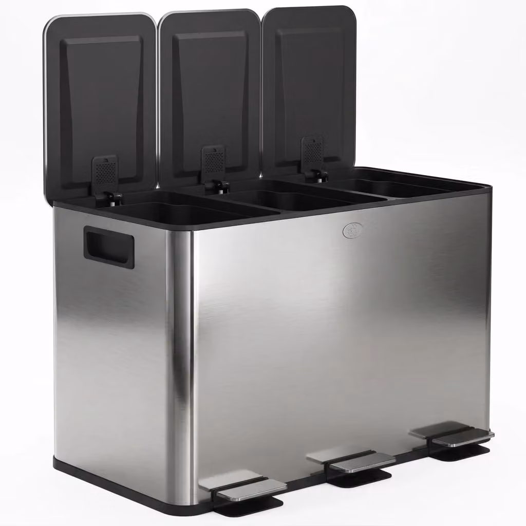Cestino a pedale Minimal con 3 scomparti da 60L in acciaio inox argento con chiusura soft-close e filtro per odori – 2