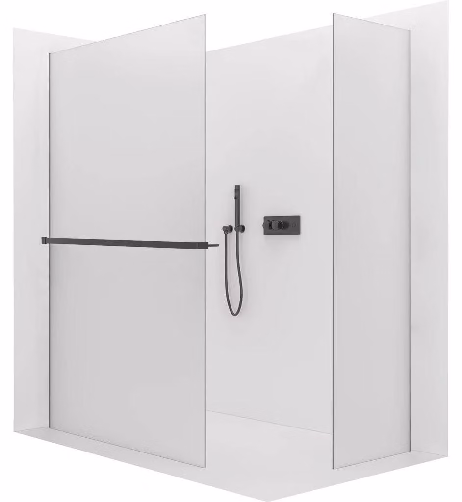 CERANO - Box doccia Walk-in Crystal T L/P - 8 mm - sistema senza montanti + ripiano/portasciugamani - nero opaco, vetro smerigliato - 160x140x200 cm