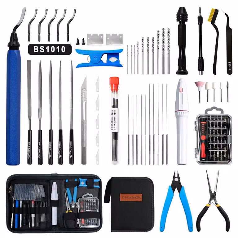 Kit di strumenti per stampanti 3D, 85 pezzi, con custodia – include: pennello per lucidatura, tronchesi, svasatore, trapano manuale, lime, pinzette – compatibile con Bambu Lab, Ender 3, Anycubic Kobra