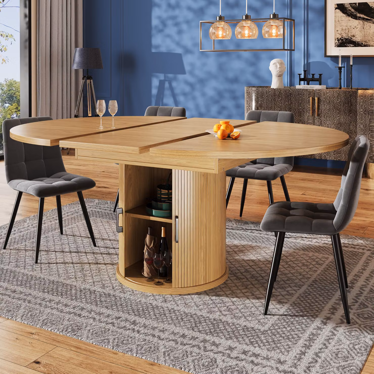 MODFU: Tavolo da pranzo, tavolo da cucina allungabile con doppio spazio di stoccaggio, tavolo rotondo con ante scorrevoli curve, spazio per fino a 6 persone, design naturale