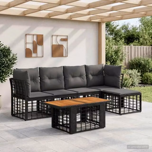 Set Divano da Giardino 6 pz Nero e Grigio scuro polyrattan 3437859