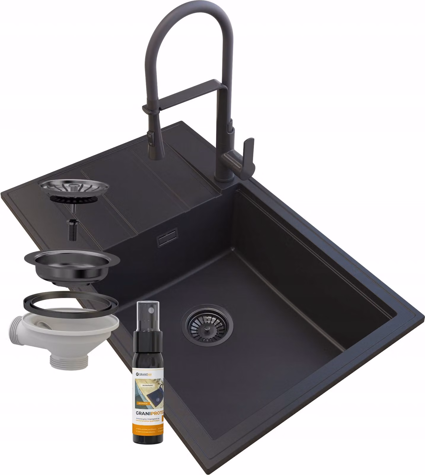 Granitan - Lavello in granito - Lavello da cucina - 80x50 cm - Nero - con rubinetteria VEGAS e scolapiatti - LOUIS