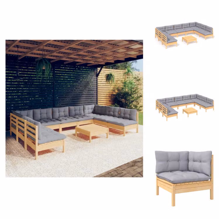 vidaXL Set di 10 pezzi da giardino con cuscini grigi in pino massiccio - Set di mobili da giardino