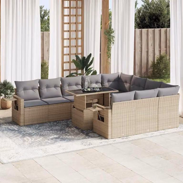 Set di divani da giardino vidaXL in polyrattan con cuscini beige e grigi per esterno e terrazza