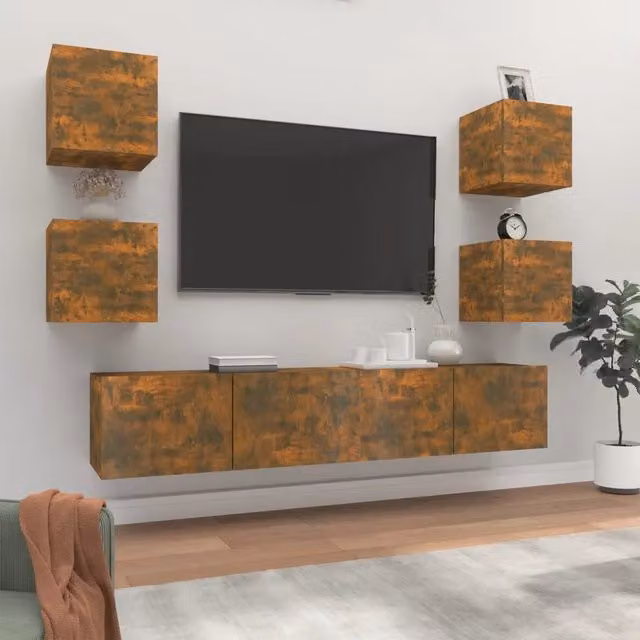 Set di mobili porta TV da soggiorno vidaXL in legno multistrato, 6 pezzi, colore rovere fumo marrone