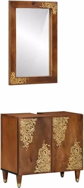 Set di mobili da bagno vidaXL in legno mango color marrone con specchio e vanità a parete, 2 pezzi – 1