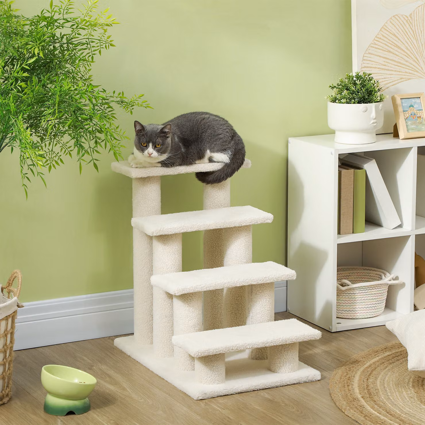 Scaletta per gatti PawHut a 4 piani in pannello truciolare e peluche, colore marrone chiaro e beige, L: 63.5 cm, P: 43 cm, H: 60 cm – 2
