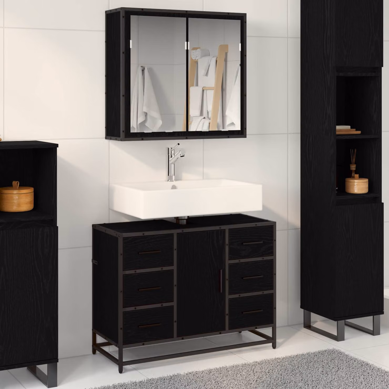 Set di mobili per il bagno vidaXL composto da mobile lavabo e armadietto con specchio in rovere nero, L 80 x P 33 x H 60 cm – 1