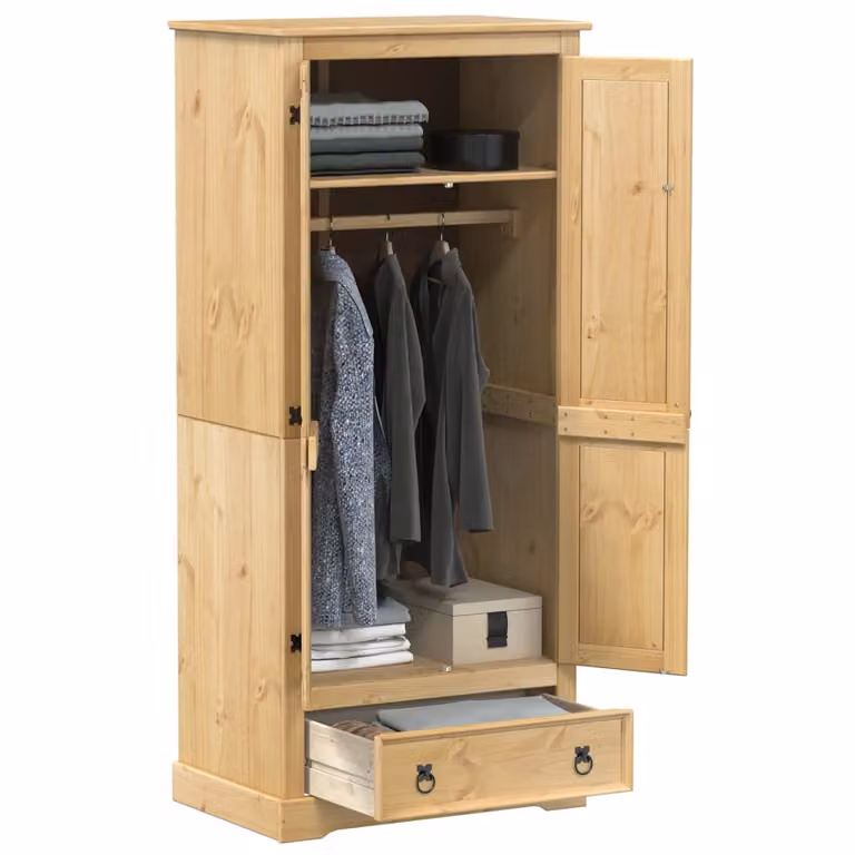 Armadio Corona vidaXL in legno massello di pino, stile rustico, colore marrone, con cassetti integrati e appendiabiti, L: 76 cm, P: 50 cm, H: 170 cm