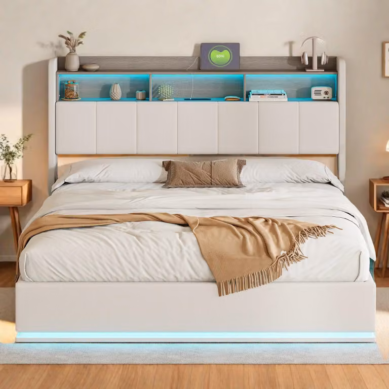 Letto matrimoniale imbottito - Struttura del letto - Divano letto - Letto contenitore - Letto a ribalta - Bianco con illuminazione a LED